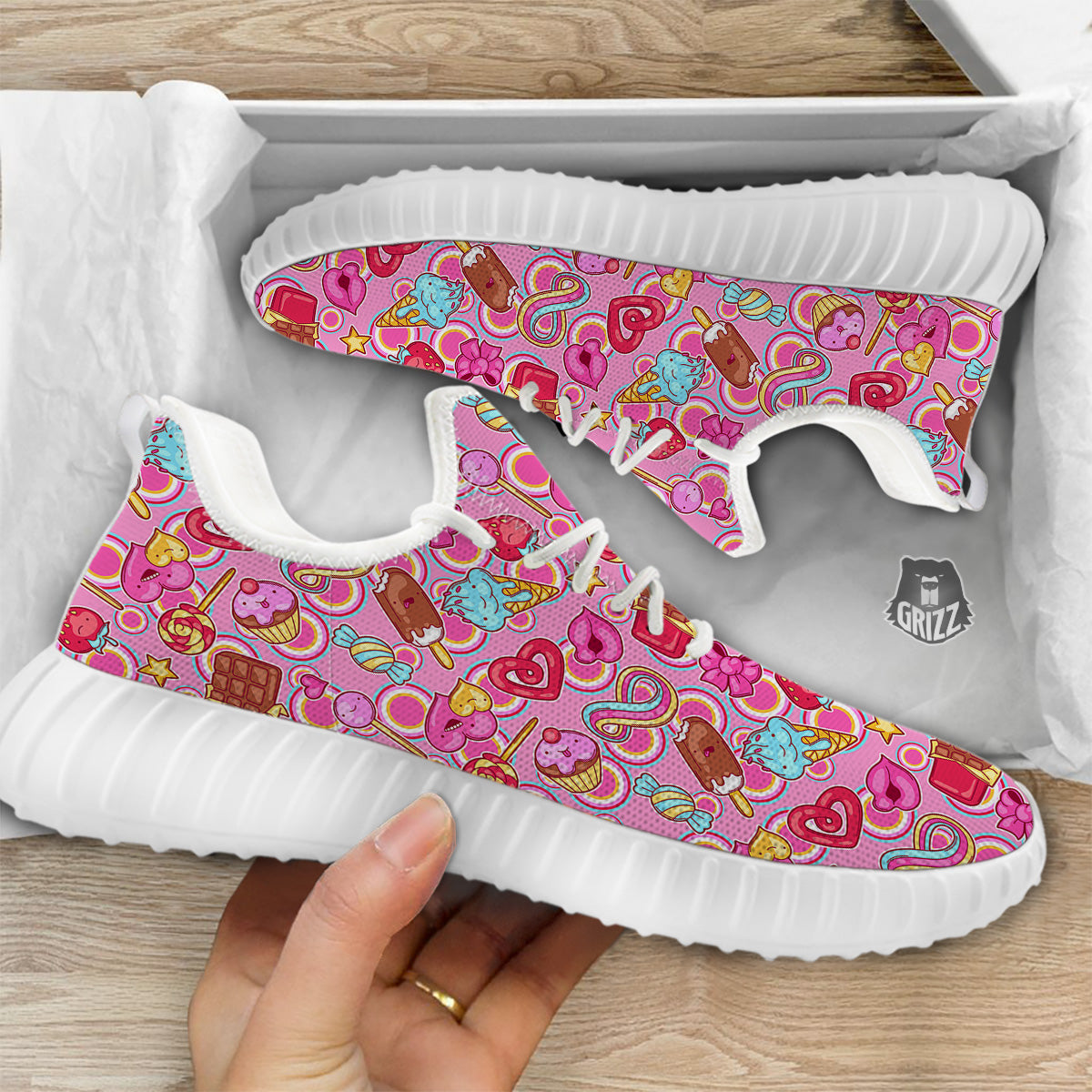Pink Sweet Candy Print Pattern White Walking Shoes-grizzshop