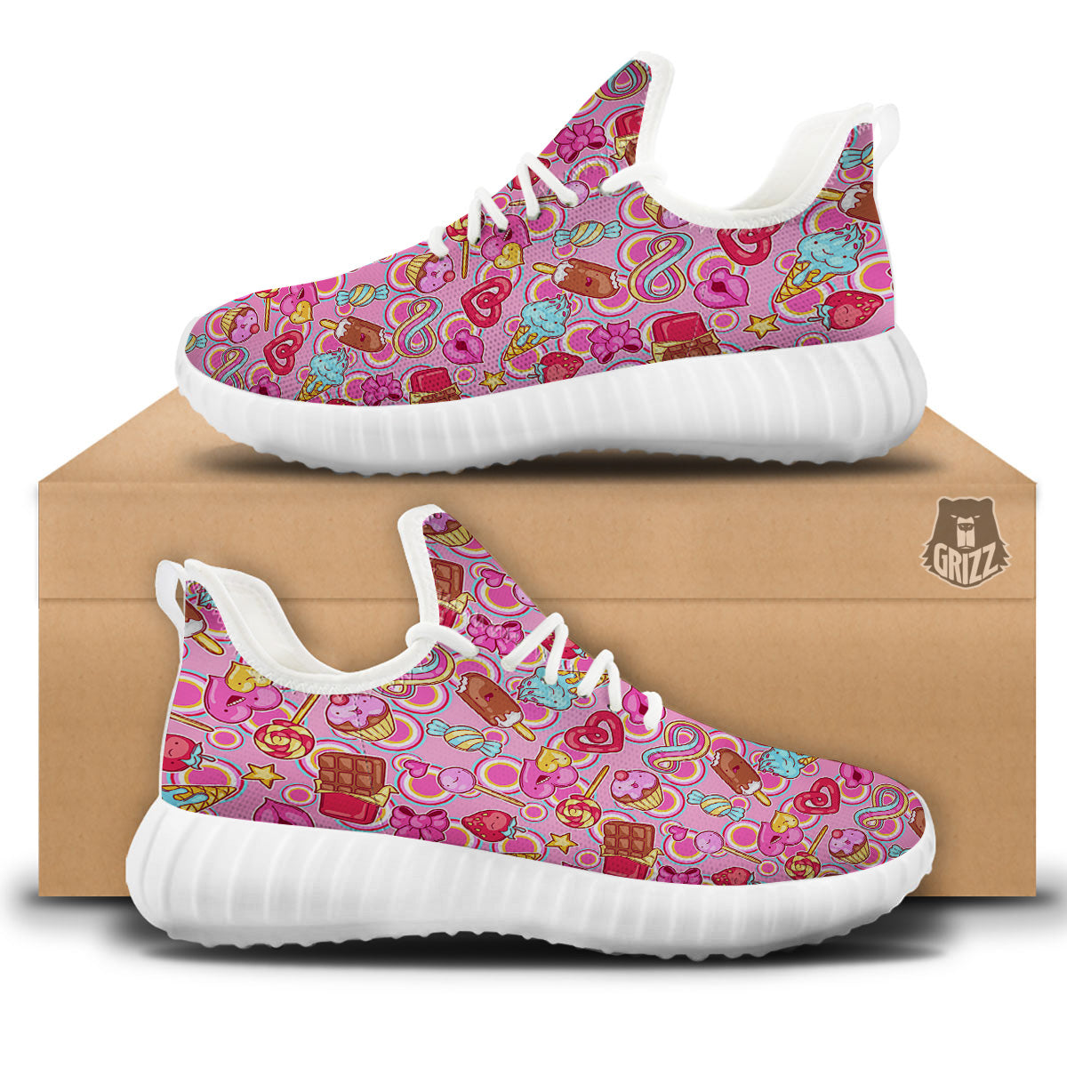 Pink Sweet Candy Print Pattern White Walking Shoes-grizzshop