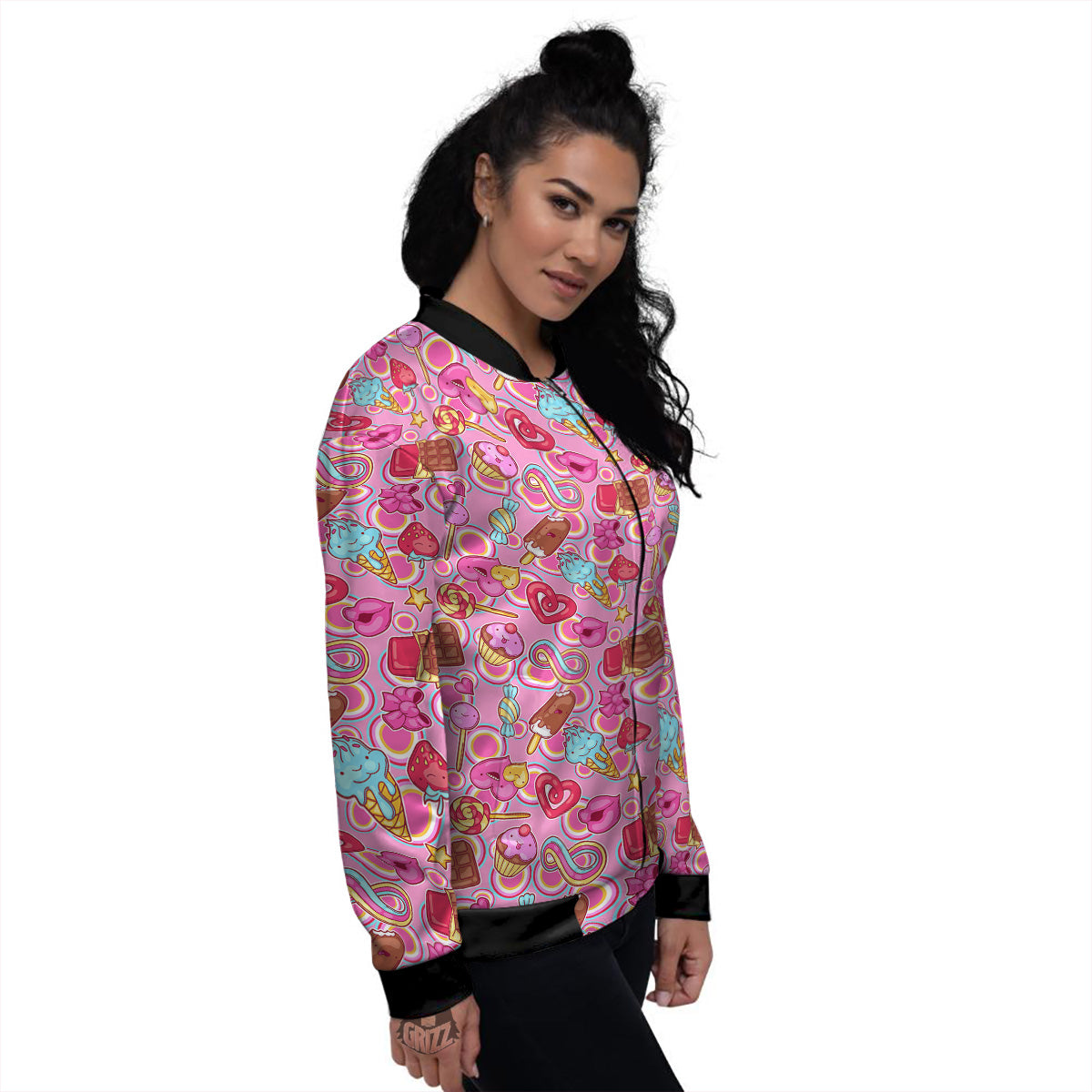 Pink Sweet Candy Print Pattern Women's Bomber Jacket-grizzshop