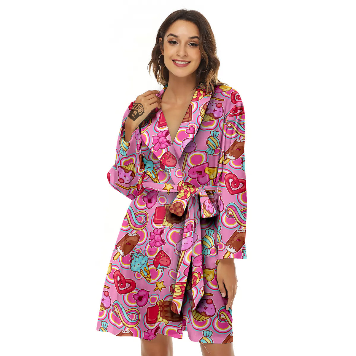 Pink Sweet Candy Print Pattern Women's Robe-grizzshop