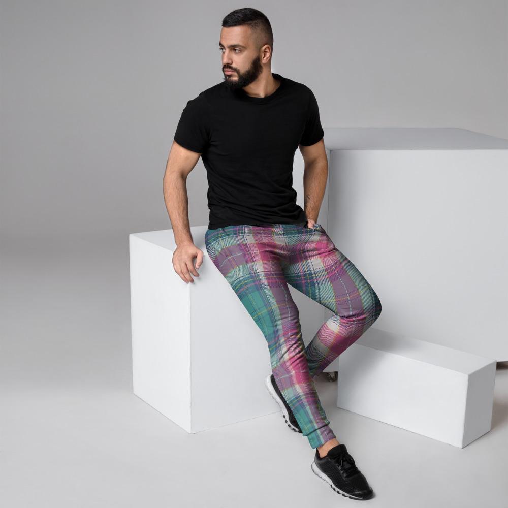 Pink Teal Plaid Tartan Men's Joggers-grizzshop