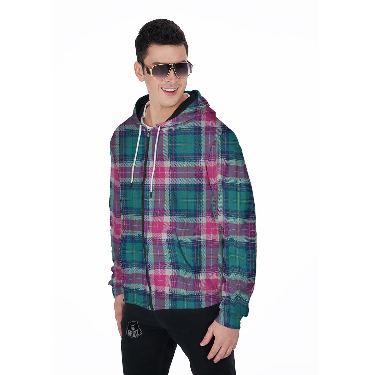 Pink Teal Plaid Tartan Men's Zip Up Hoodie-grizzshop