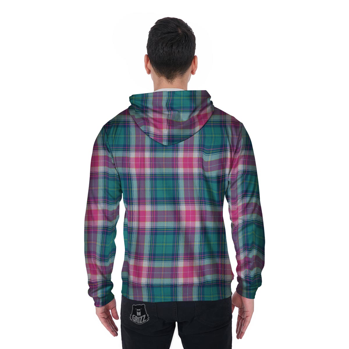 Pink Teal Plaid Tartan Men's Zip Up Hoodie-grizzshop