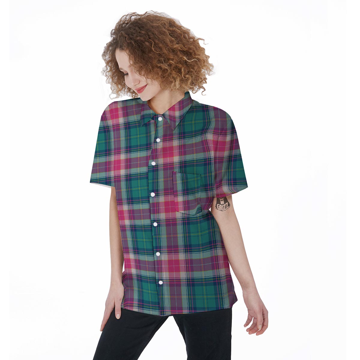 Pink Teal Plaid Tartan Women's Short Sleeve Shirts-grizzshop