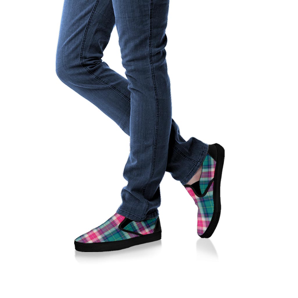 Pink Teal Plaid Tartan Women's Slip On Sneakers-grizzshop