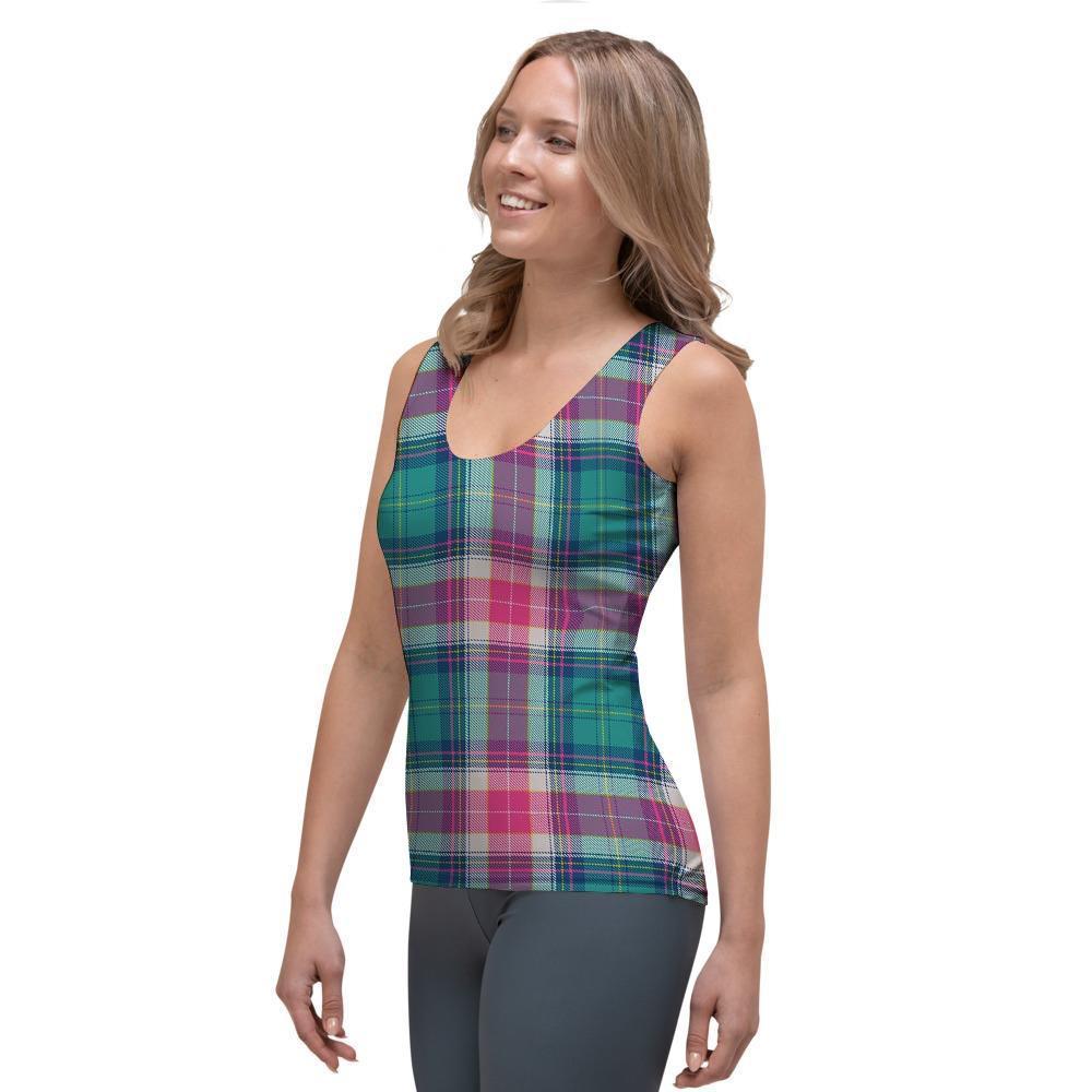 Pink Teal Plaid Tartan Women's Tank Top-grizzshop