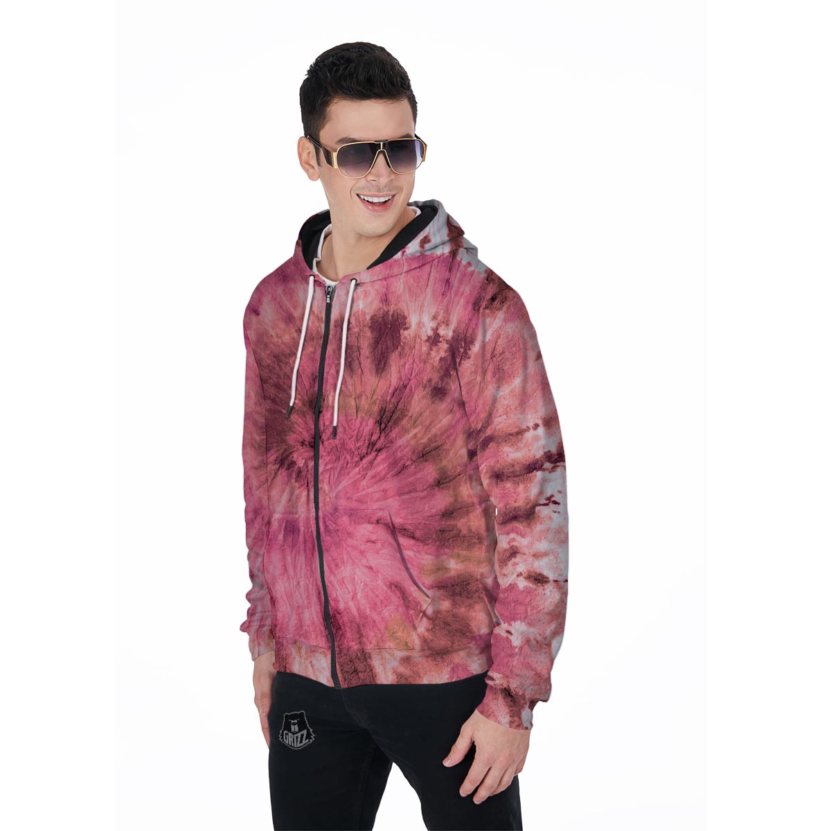 Pink Tie Dye Print Men's Zip Up Hoodie-grizzshop