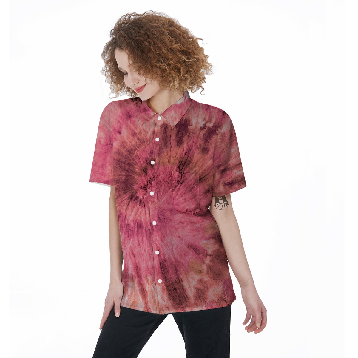 Pink Tie Dye Print Women's Short Sleeve Shirts-grizzshop