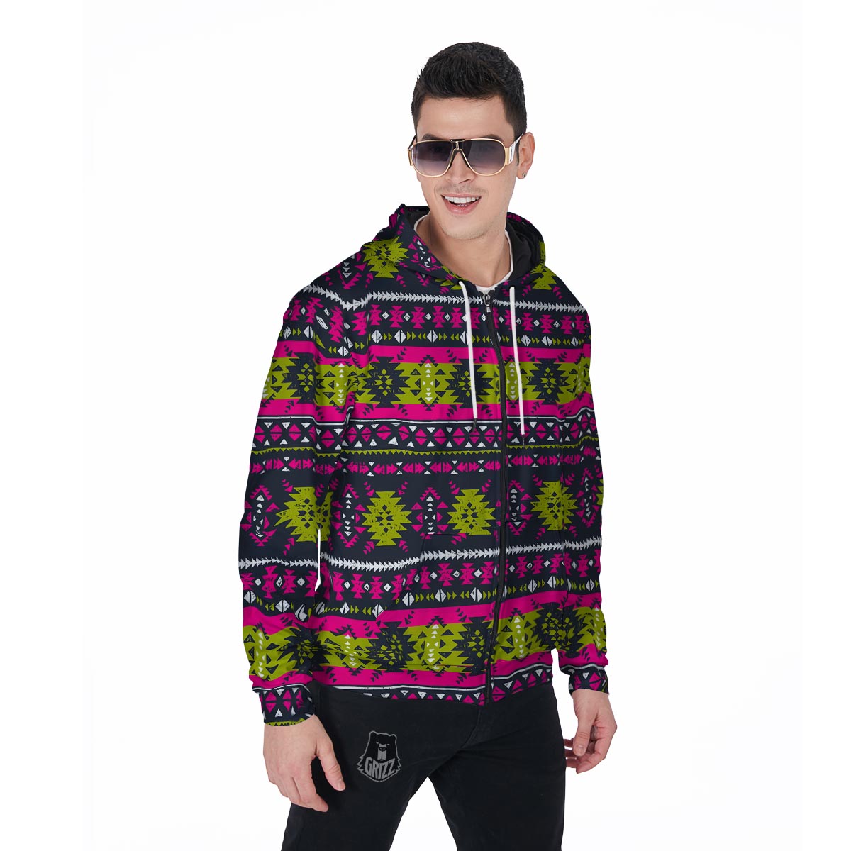 Pink Tribal Aztec Grunge Men's Zip Up Hoodie-grizzshop