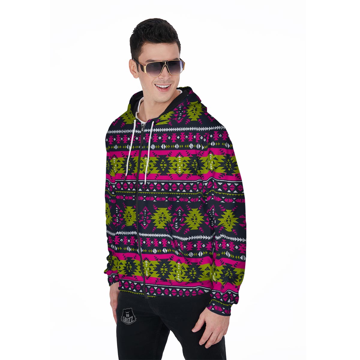 Pink Tribal Aztec Grunge Men's Zip Up Hoodie-grizzshop