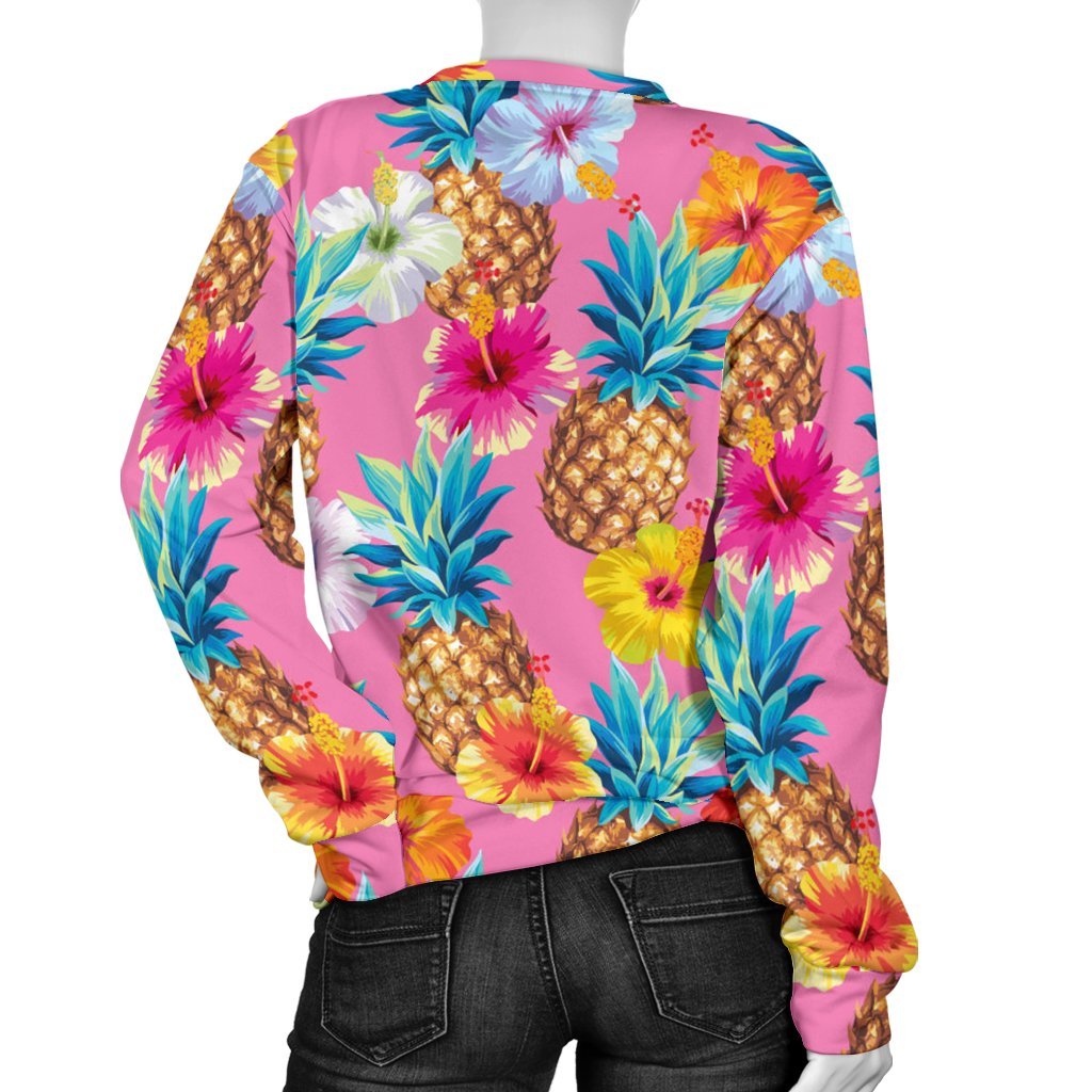 Pink Tropical Hawaiian Hibiscus Pineapple Print Sweatshirt-grizzshop