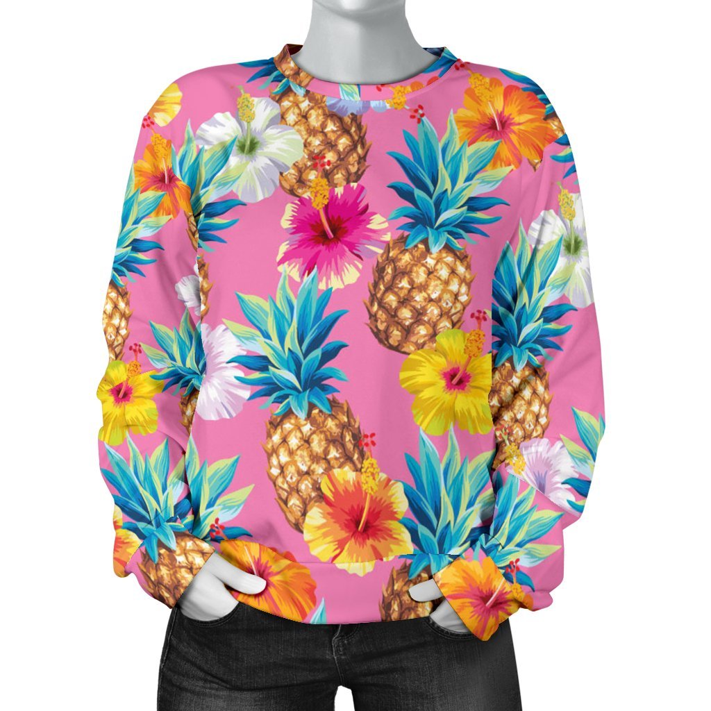 Pink Tropical Hawaiian Hibiscus Pineapple Print Sweatshirt-grizzshop