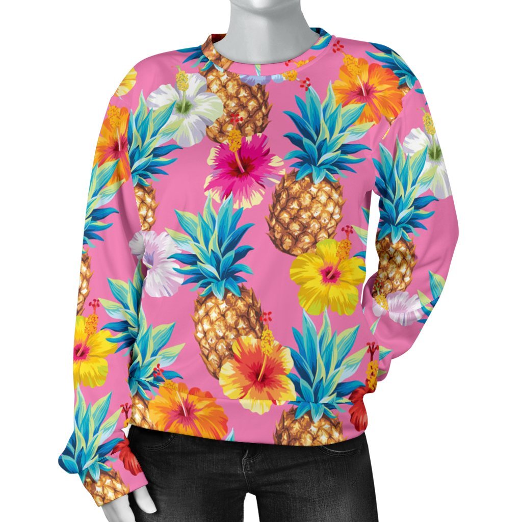 Pink Tropical Hawaiian Hibiscus Pineapple Print Sweatshirt-grizzshop