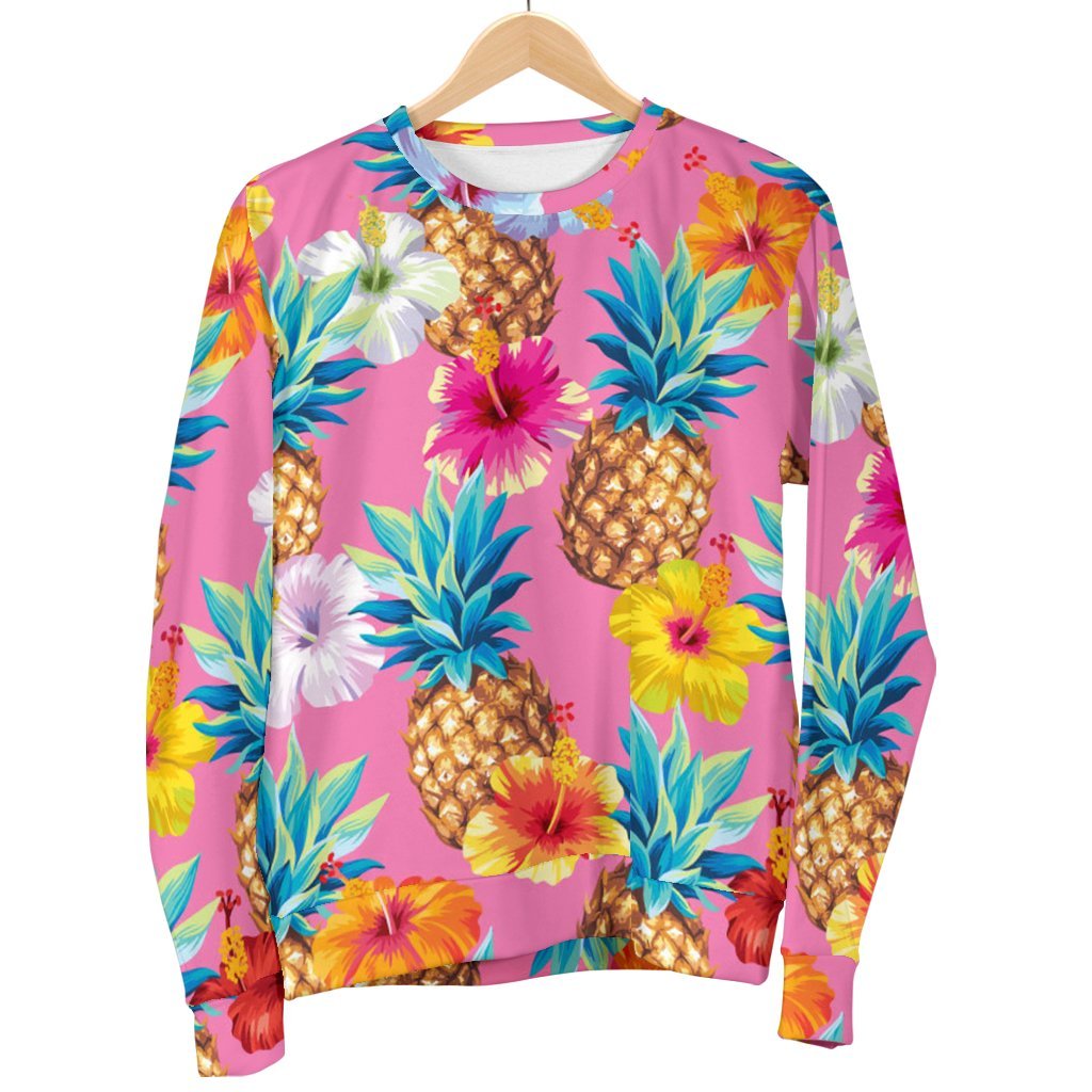 Pink Tropical Hawaiian Hibiscus Pineapple Print Sweatshirt-grizzshop