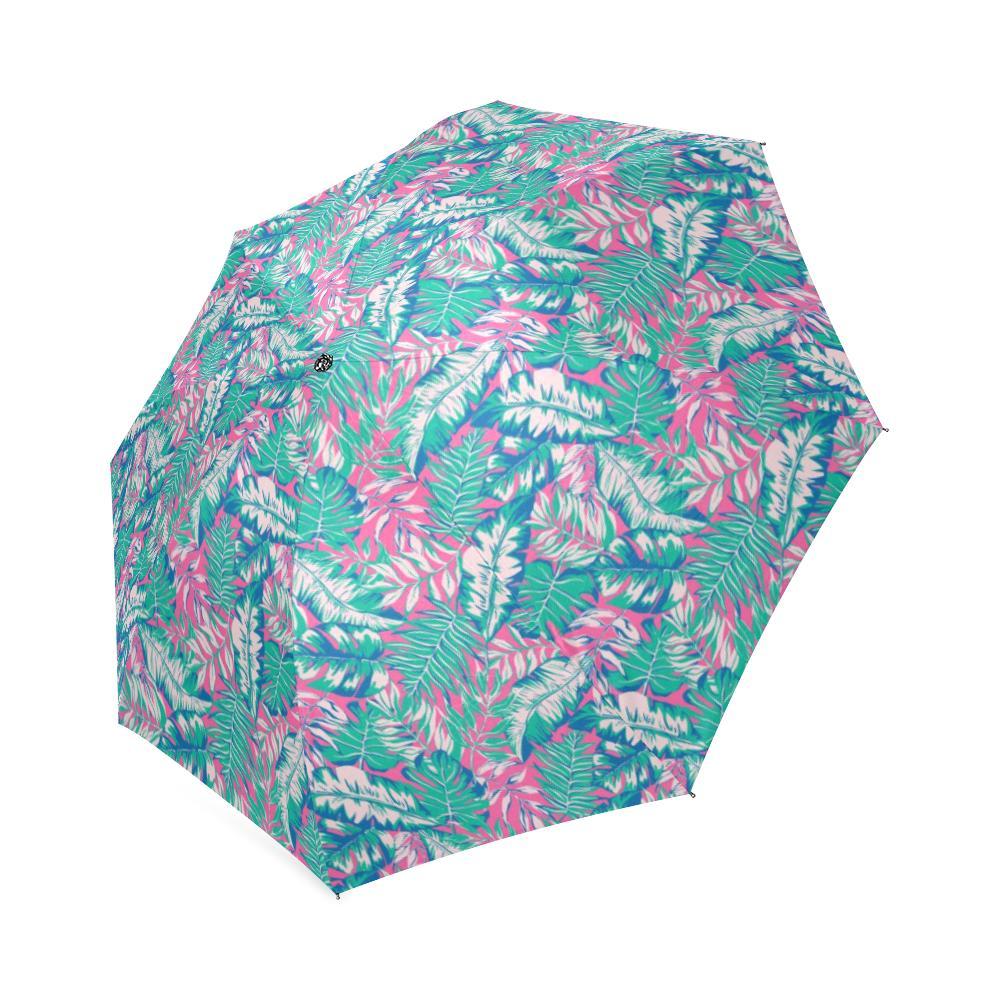 Pink Tropical Palm Leaves Hawaiian Pattern Print Foldable Umbrella-grizzshop