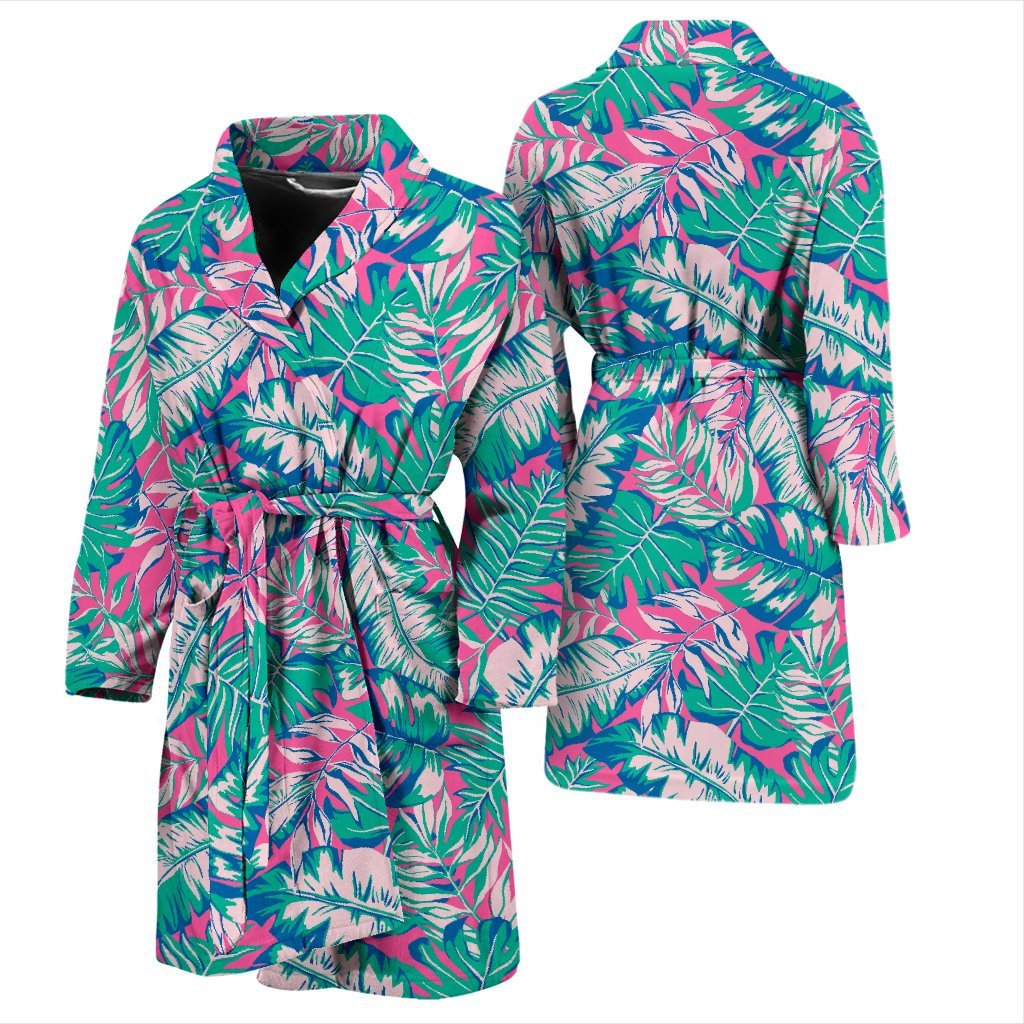 Pink Tropical Palm Leaves Hawaiian Pattern Print Men Long Robe-grizzshop