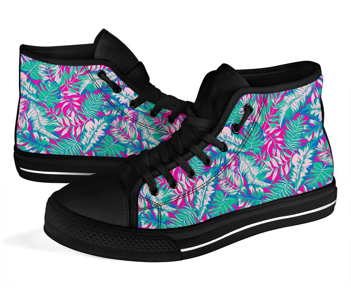 Pink Tropical Palm Leaves Hawaiian Pattern Print Men Women's High Top Shoes-grizzshop