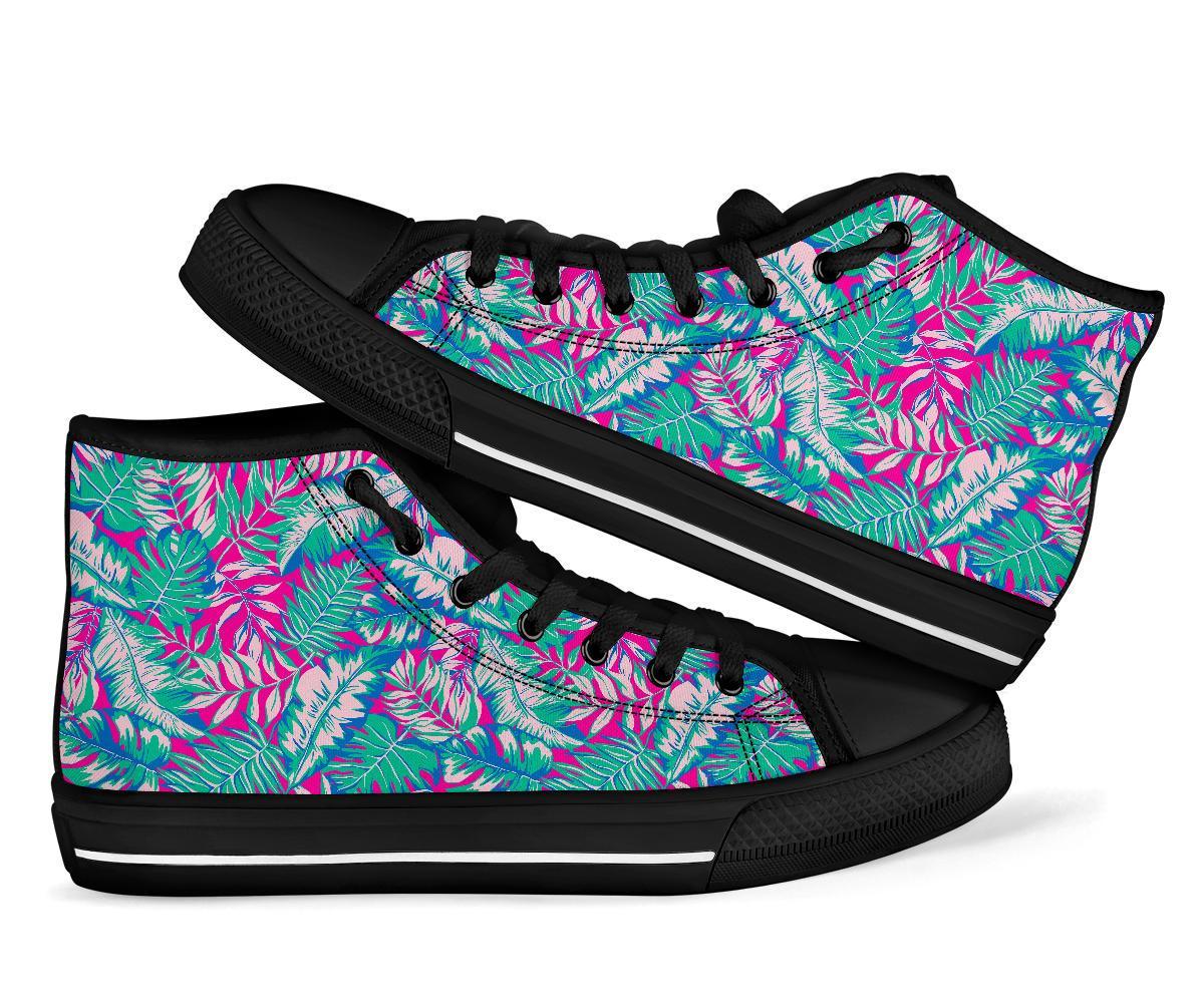 Pink Tropical Palm Leaves Hawaiian Pattern Print Men Women's High Top Shoes-grizzshop