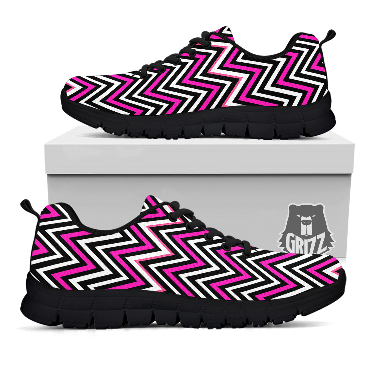 Pink White Black Zigzag Print Pattern Black Sneaker-grizzshop