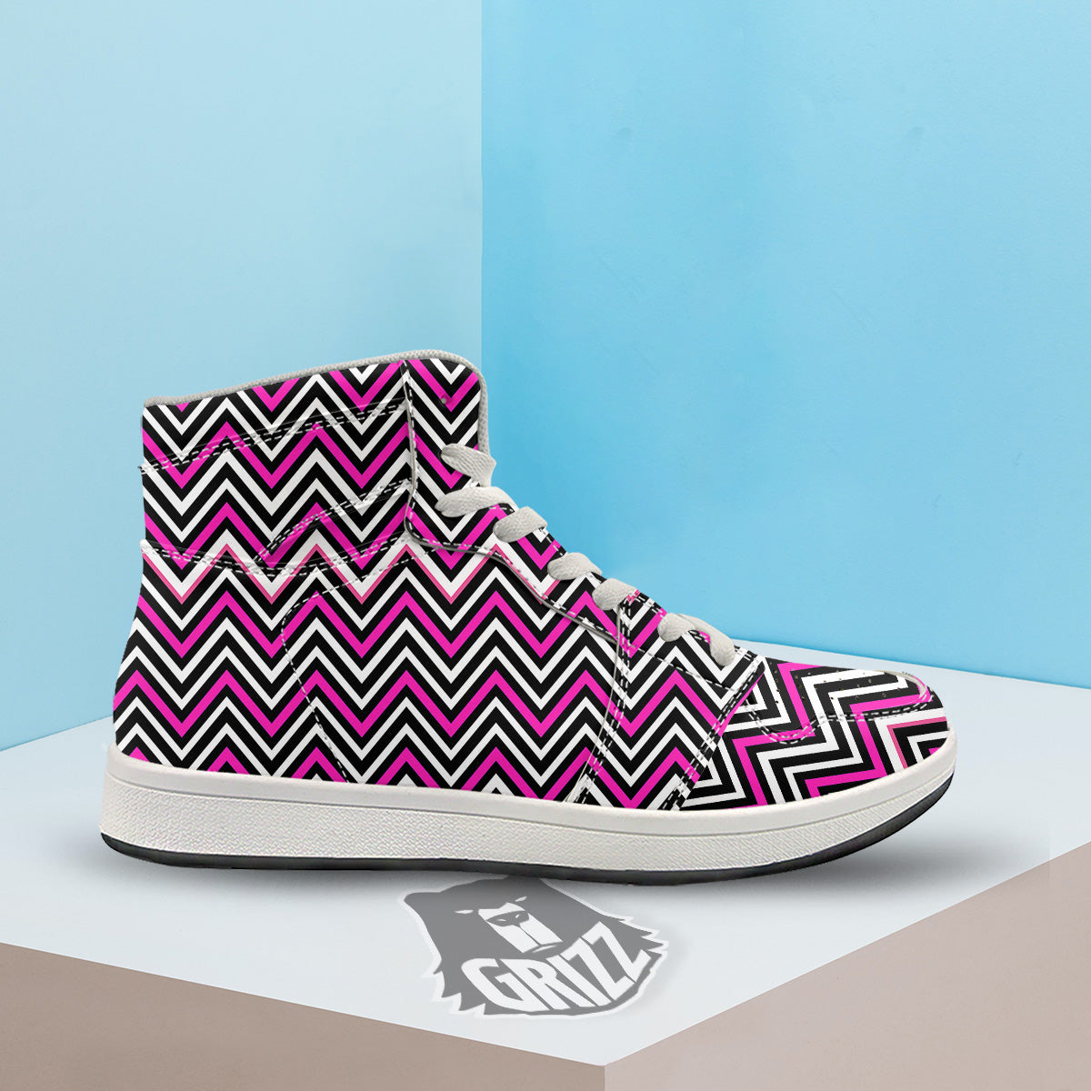 Pink White Black Zigzag Print Pattern High Top Sneakers-grizzshop