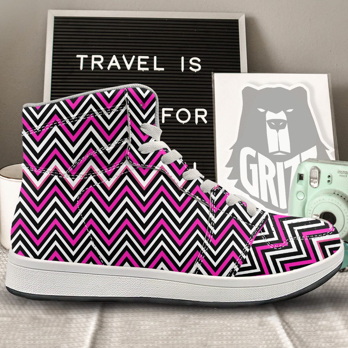 Pink White Black Zigzag Print Pattern High Top Sneakers-grizzshop