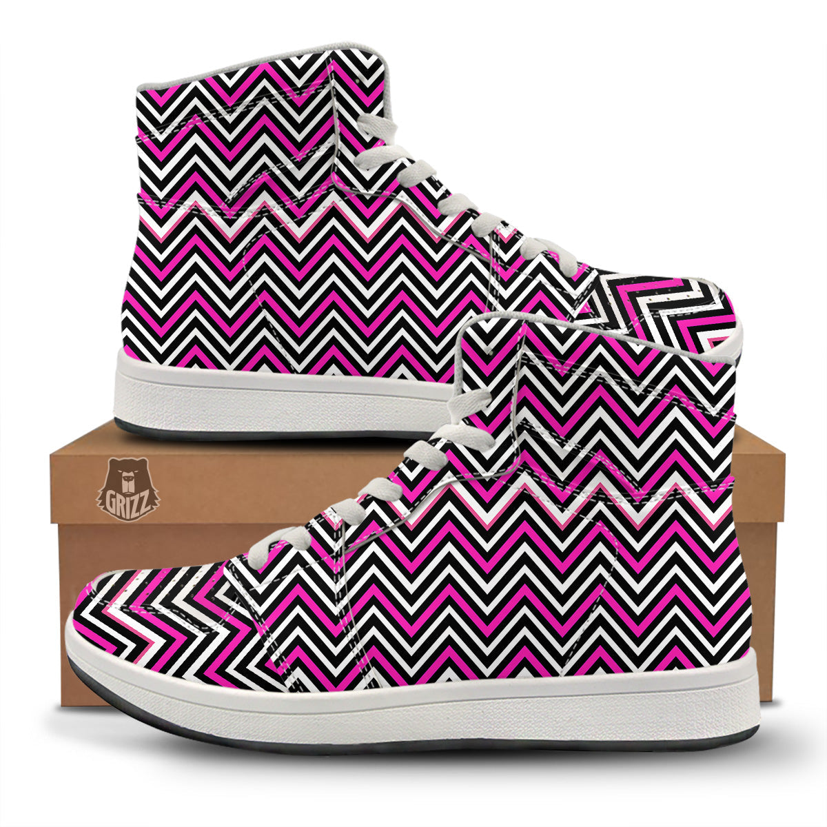 Pink White Black Zigzag Print Pattern High Top Sneakers-grizzshop
