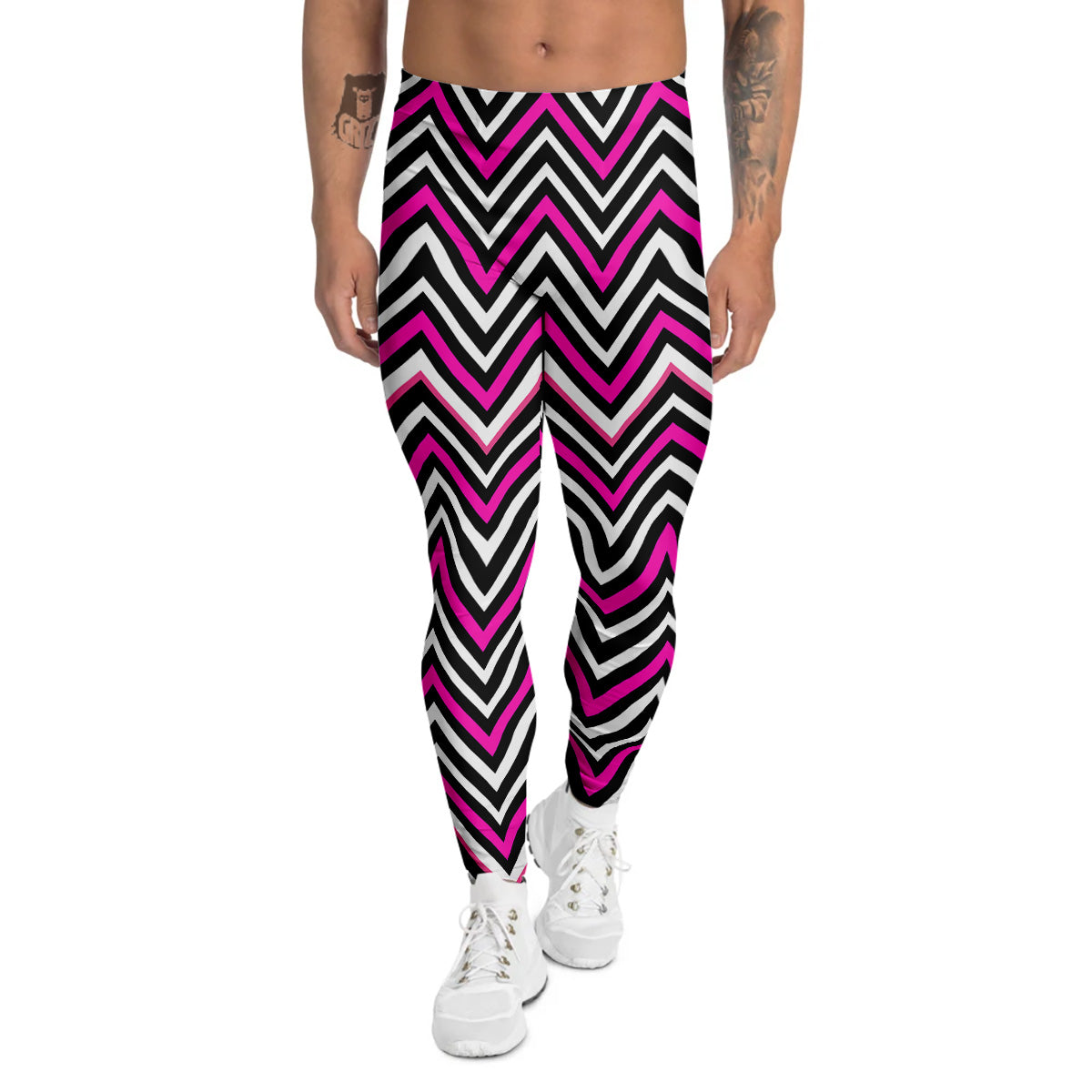 Pink White Black Zigzag Print Pattern Men's Leggings-grizzshop