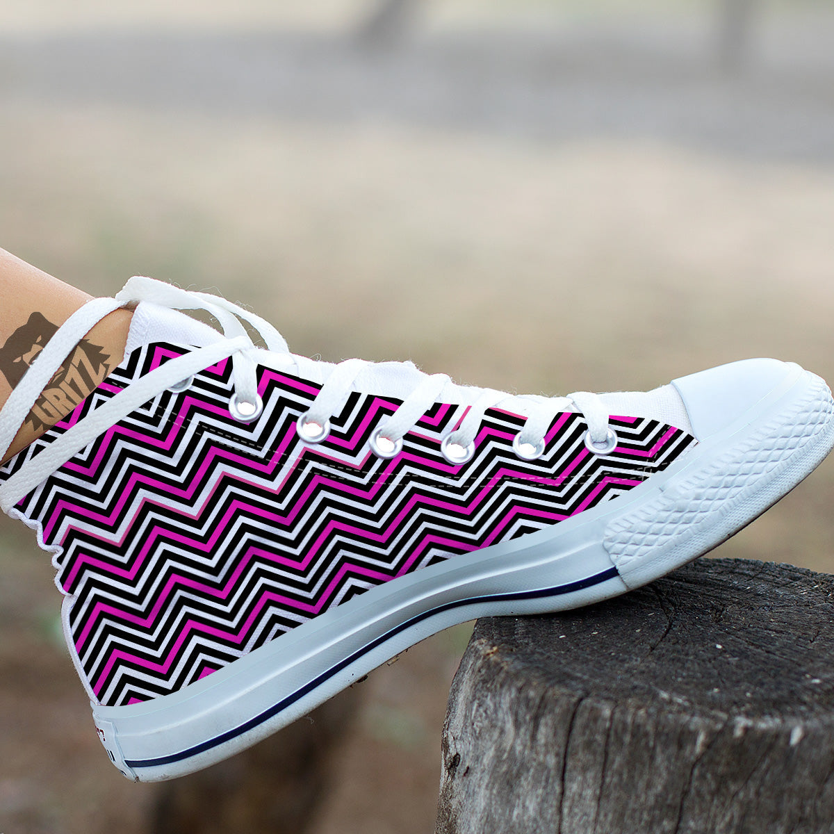 Pink White Black Zigzag Print Pattern White High Top Shoes-grizzshop