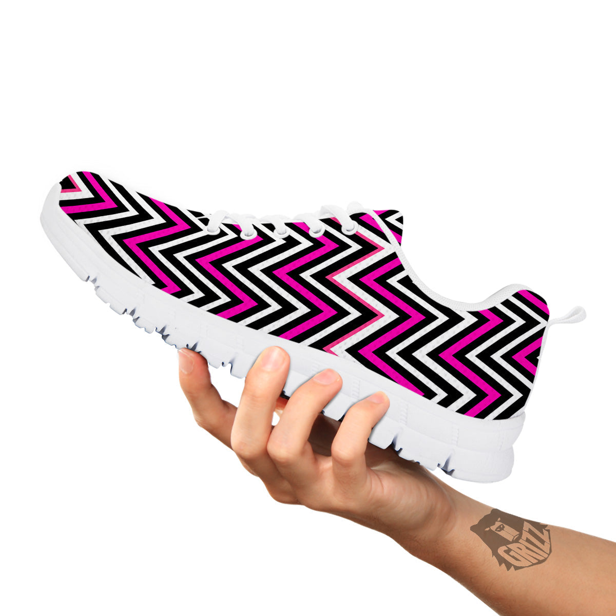 Pink White Black Zigzag Print Pattern White Sneaker-grizzshop