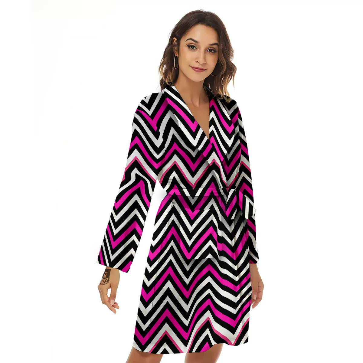 Pink White Black Zigzag Print Pattern Women's Robe-grizzshop