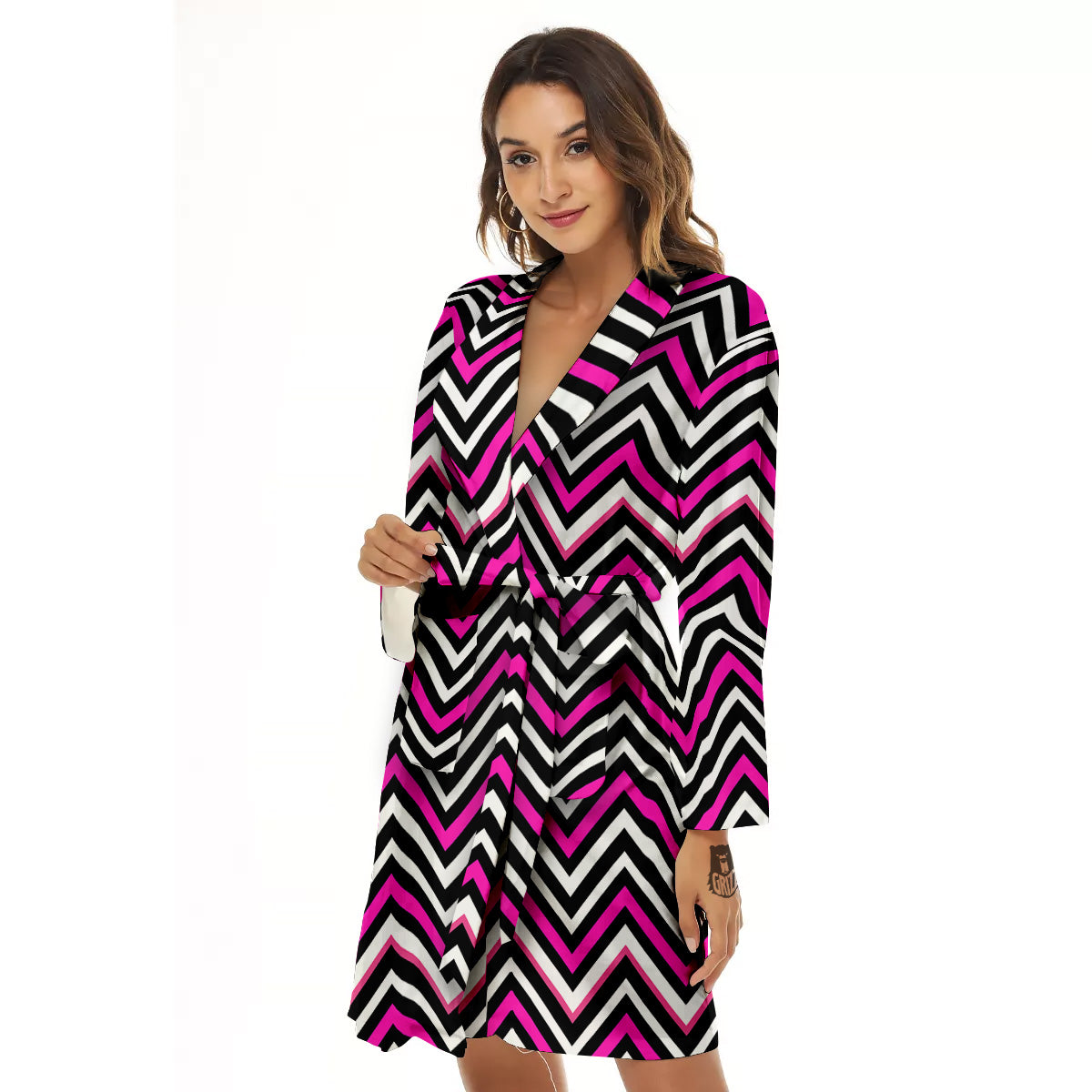 Pink White Black Zigzag Print Pattern Women's Robe-grizzshop