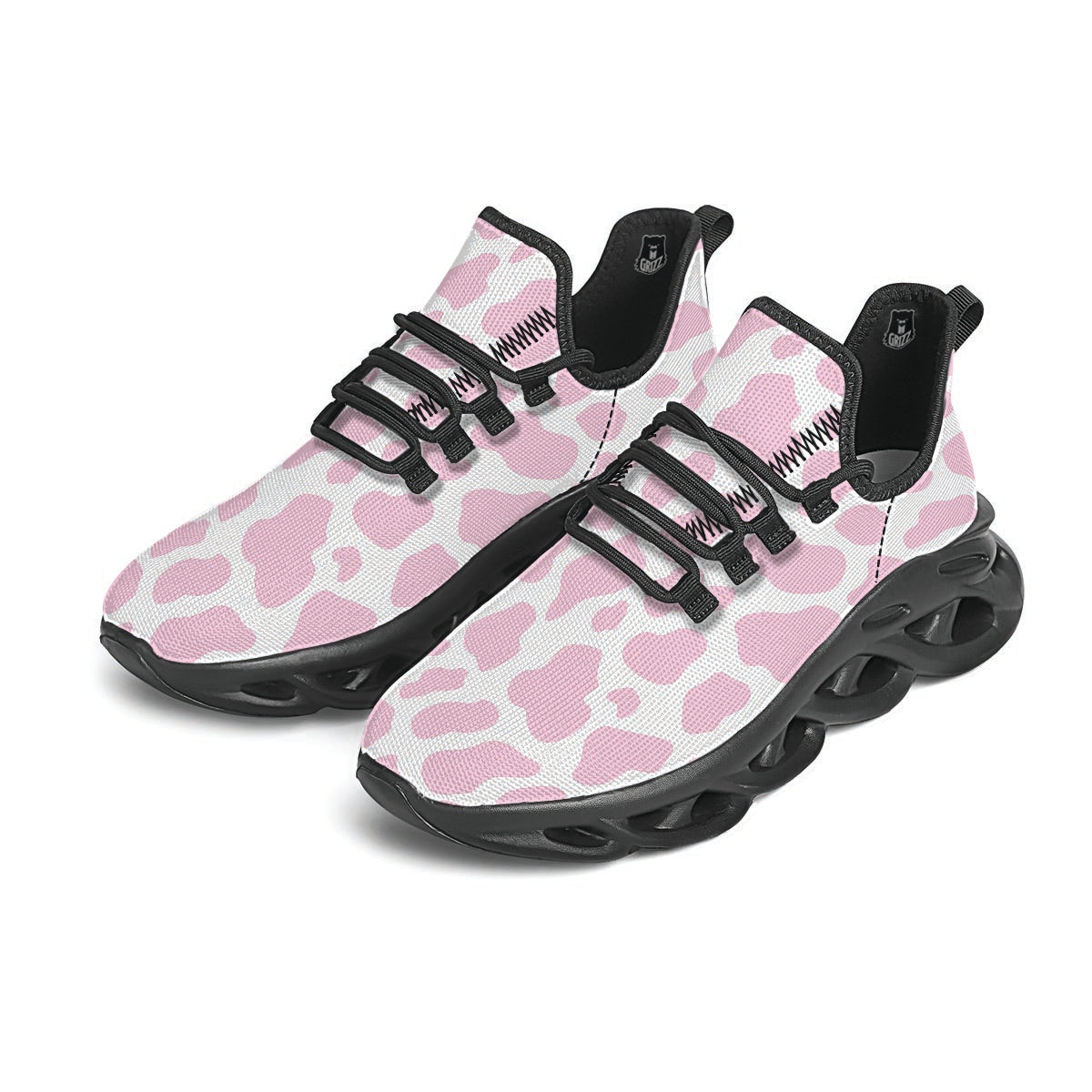 Pink White Cow Print Black Running Shoes-grizzshop