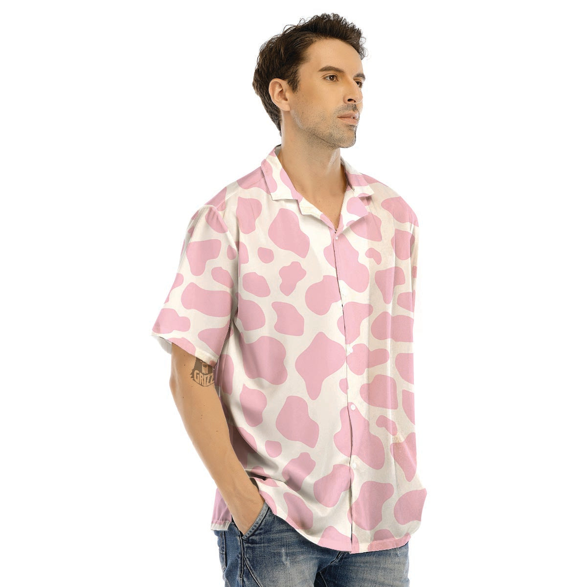 Pink White Cow Print Men’s Hawaiian Shirt-grizzshop