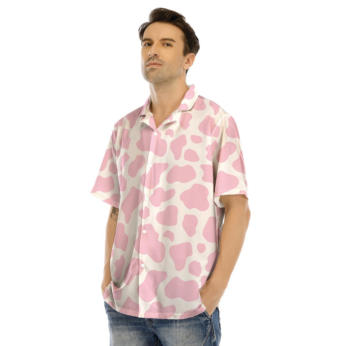 Pink White Cow Print Men’s Hawaiian Shirt-grizzshop