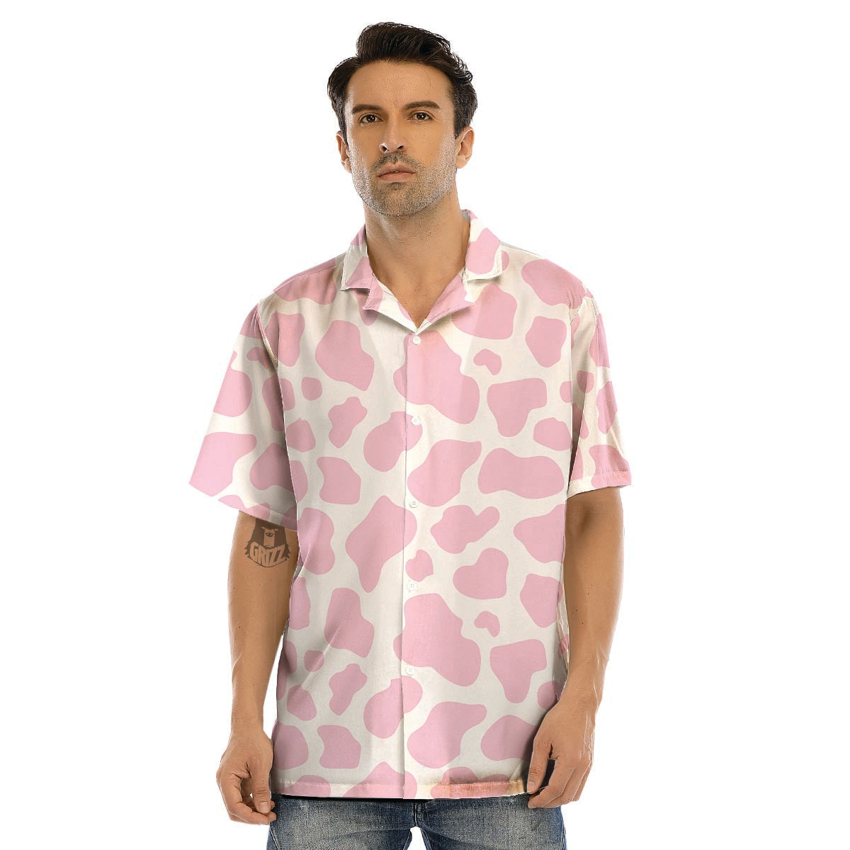 Pink White Cow Print Men’s Hawaiian Shirt-grizzshop