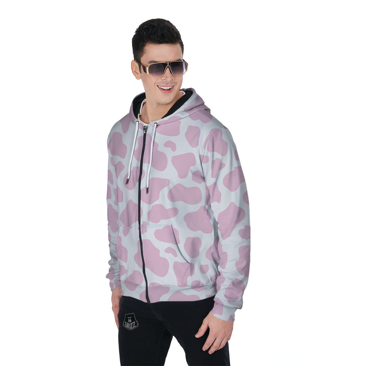 Pink White Cow Print Men's Zip Up Hoodie-grizzshop