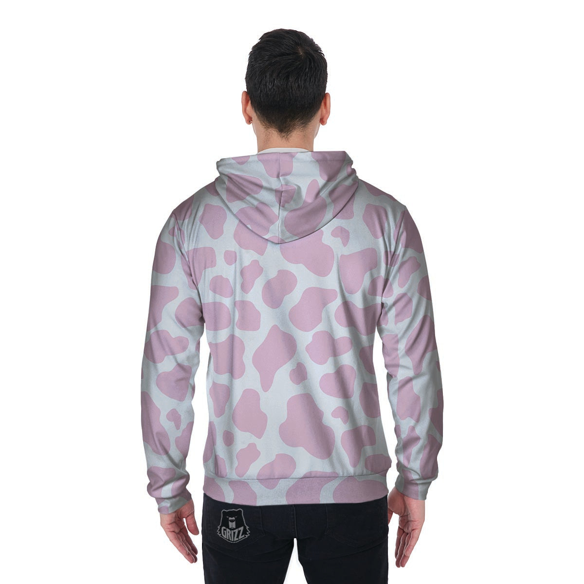 Pink White Cow Print Men's Zip Up Hoodie-grizzshop