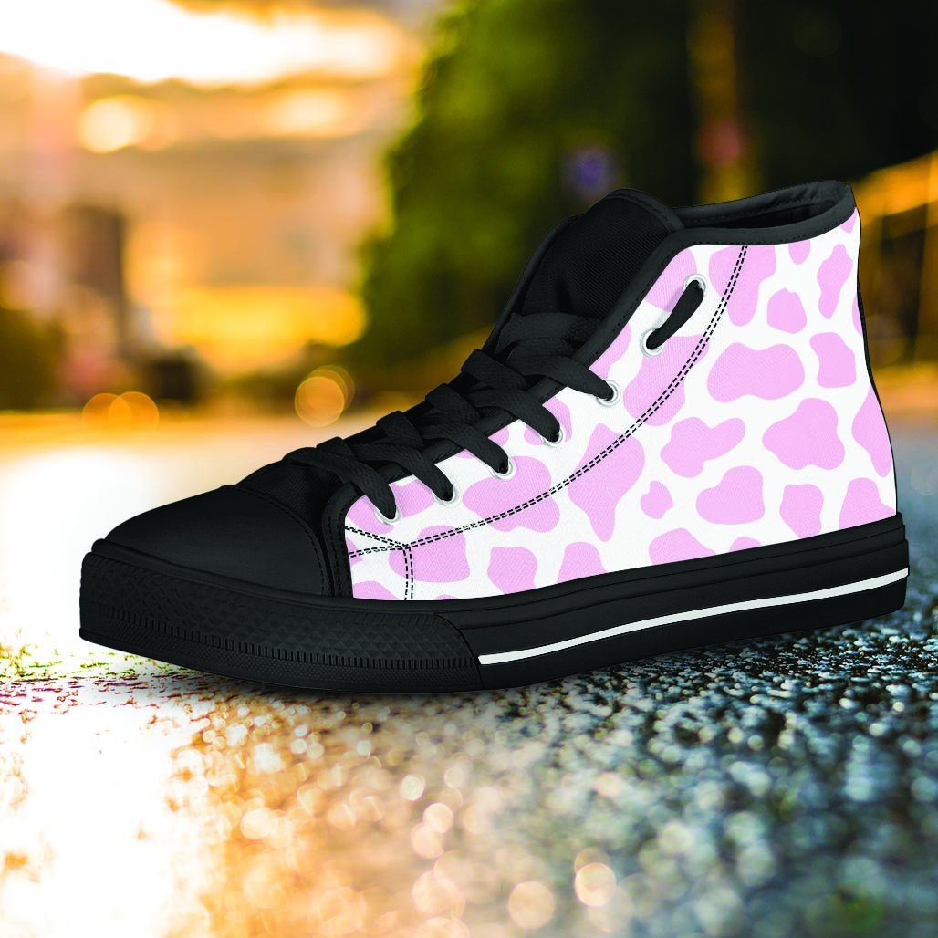 Pink White Cow Print Women's High Top Shoes-grizzshop