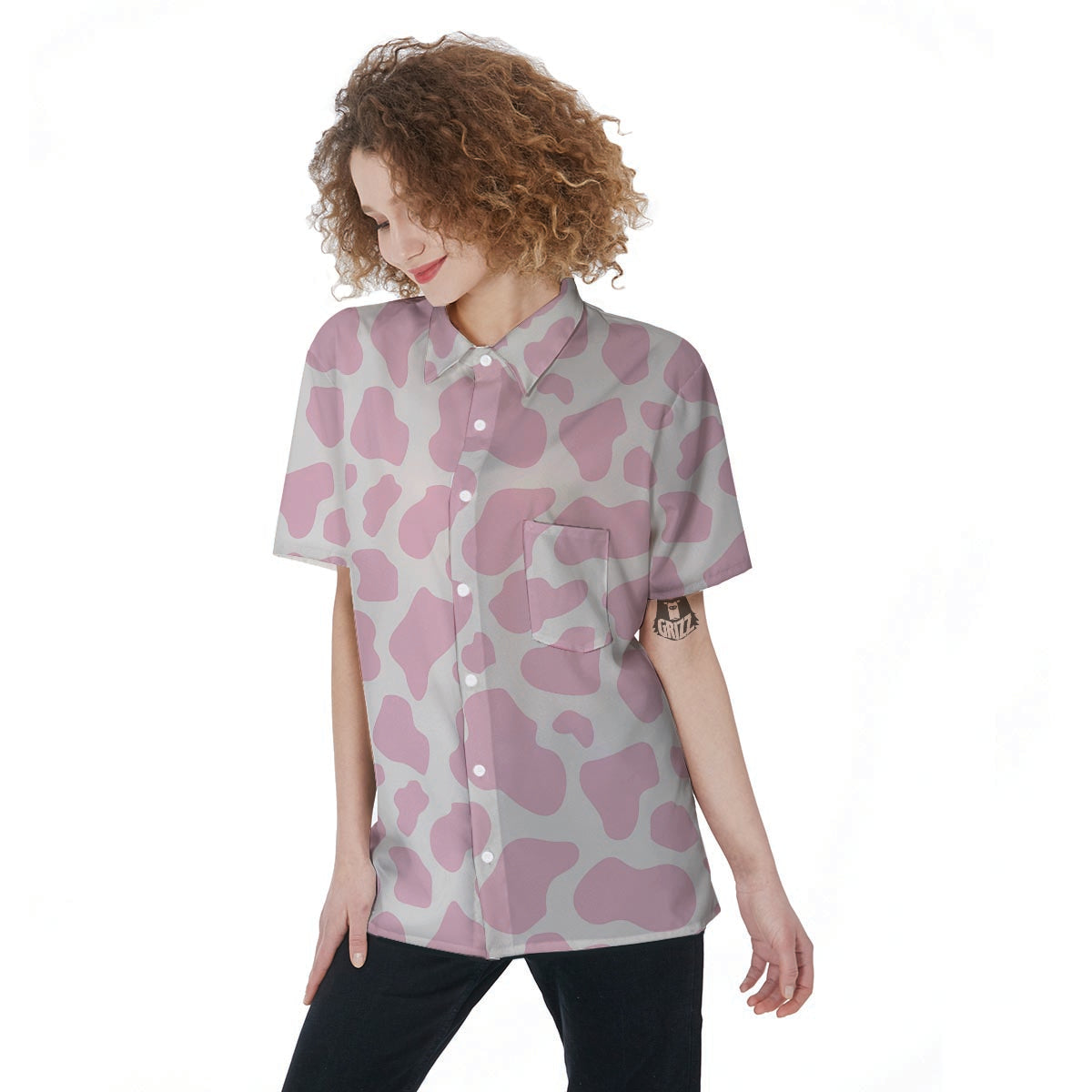 Pink White Cow Print Women's Short Sleeve Shirts-grizzshop