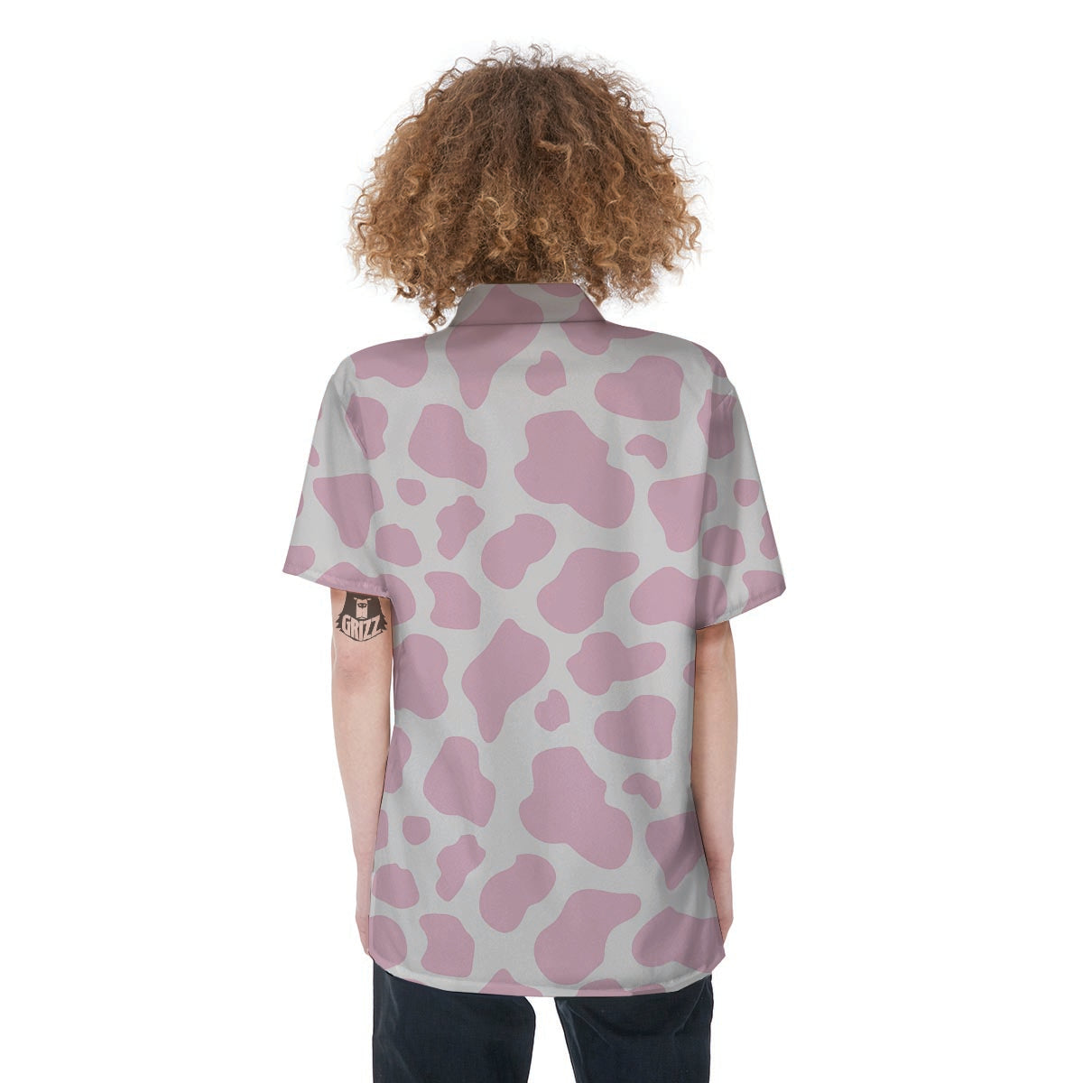 Pink White Cow Print Women's Short Sleeve Shirts-grizzshop