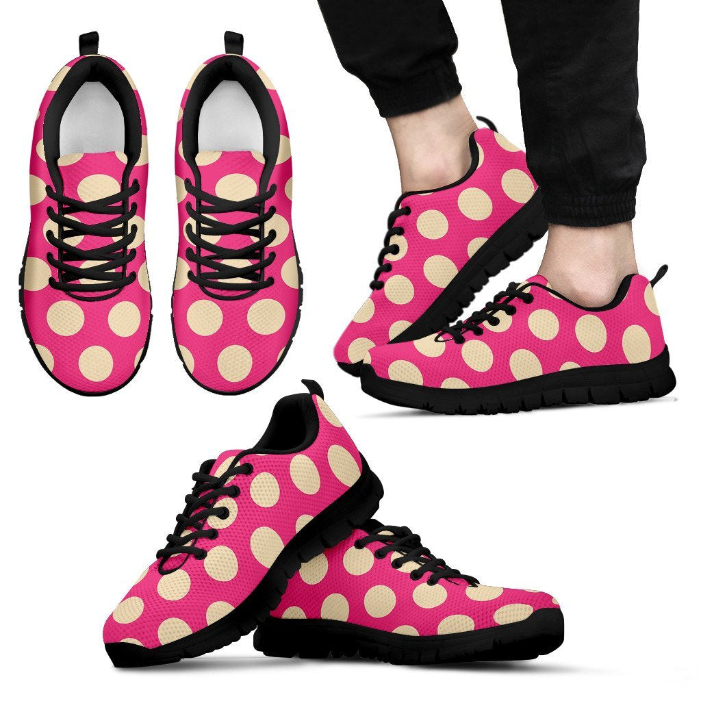 Pink White Polka dot Pattern Print Black Sneaker Shoes For Men Women-grizzshop