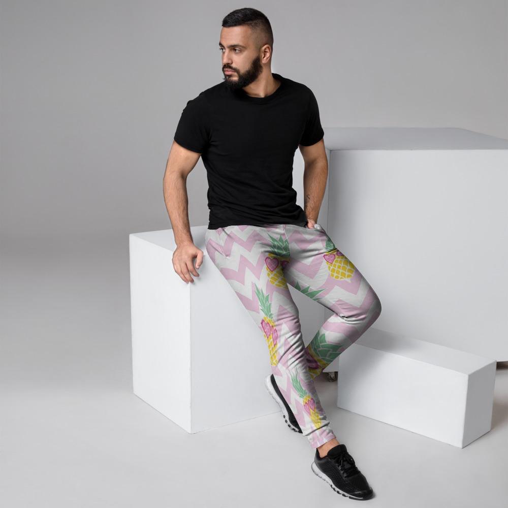 Pink Zig Zag Pineapple Print Men's Joggers-grizzshop