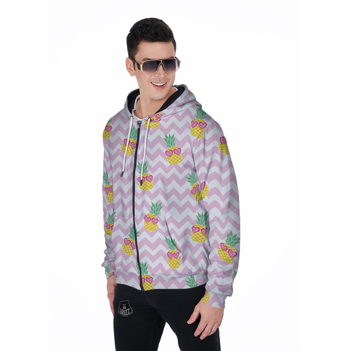 Pink Zig Zag Pineapple Print Men's Zip Up Hoodie-grizzshop