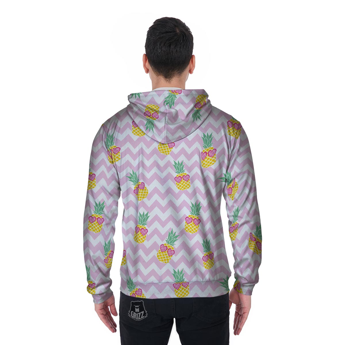 Pink Zig Zag Pineapple Print Men's Zip Up Hoodie-grizzshop