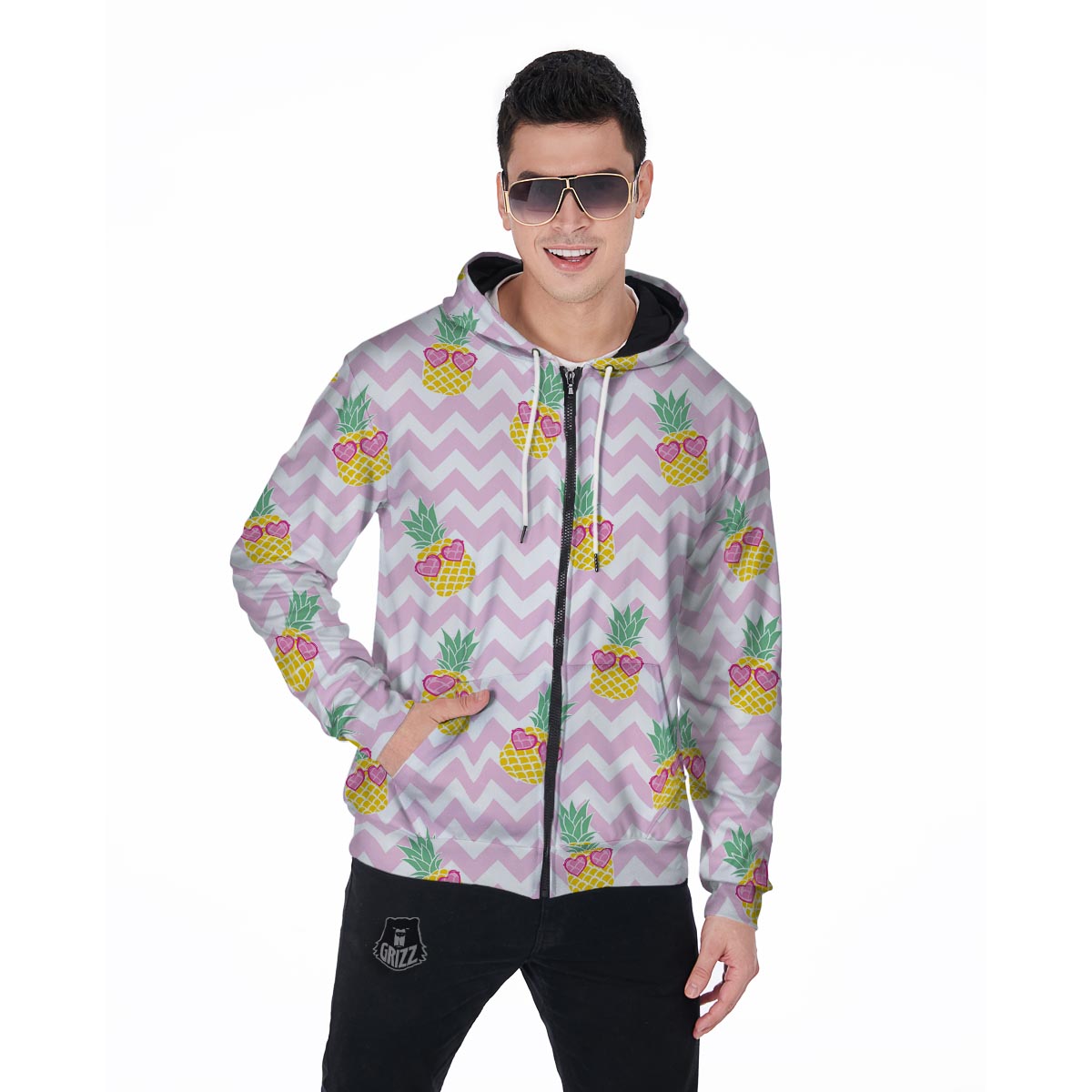 Pink Zig Zag Pineapple Print Men's Zip Up Hoodie-grizzshop