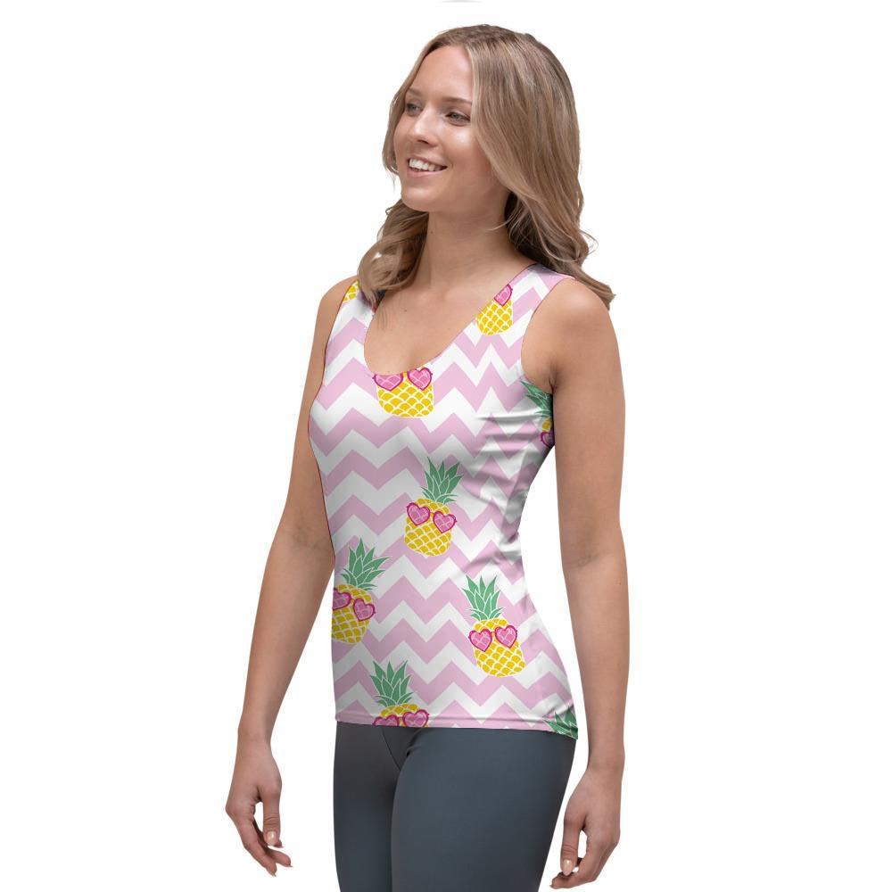 Pink Zig Zag Pineapple Print Women's Tank Top-grizzshop