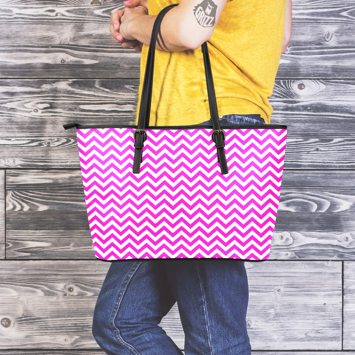 Pink Zigzag Print Pattern Leather Tote Bag-grizzshop