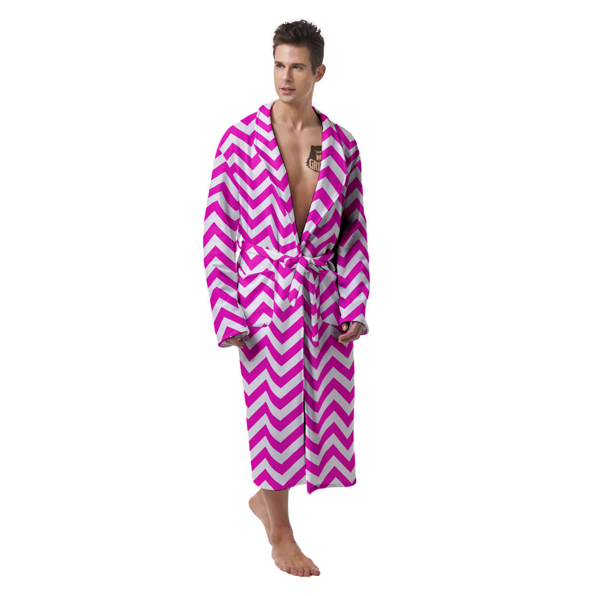 Pink Zigzag Print Pattern Men's Robe-grizzshop