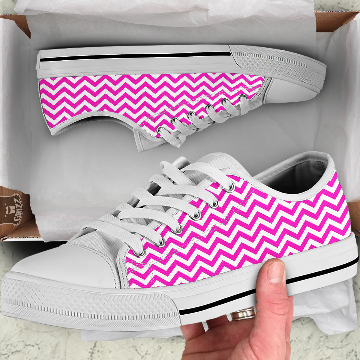 Pink Zigzag Print Pattern White Low Top Shoes-grizzshop