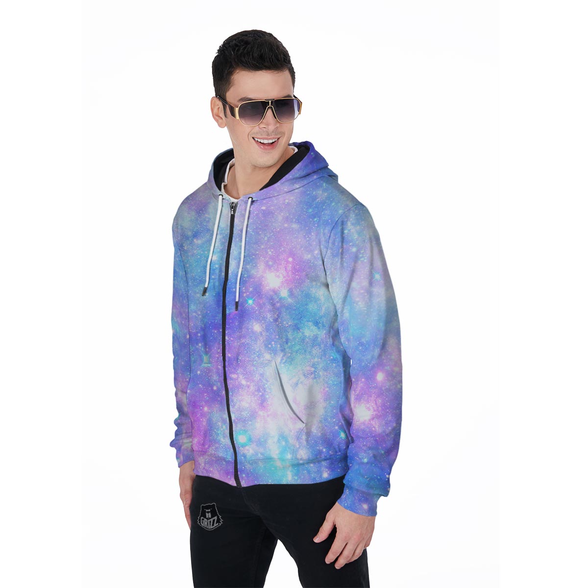 Pink and Blue Galaxy Space Men's Zip Up Hoodie-grizzshop
